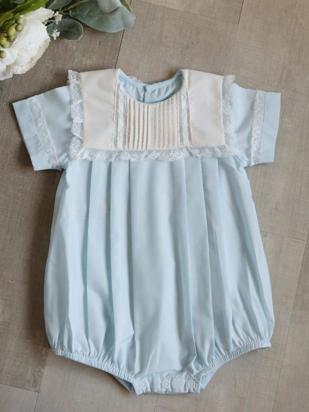 Blue Heirloom Bubble Creeper Vintage Lace Collar Boy Special Occasion Portrait